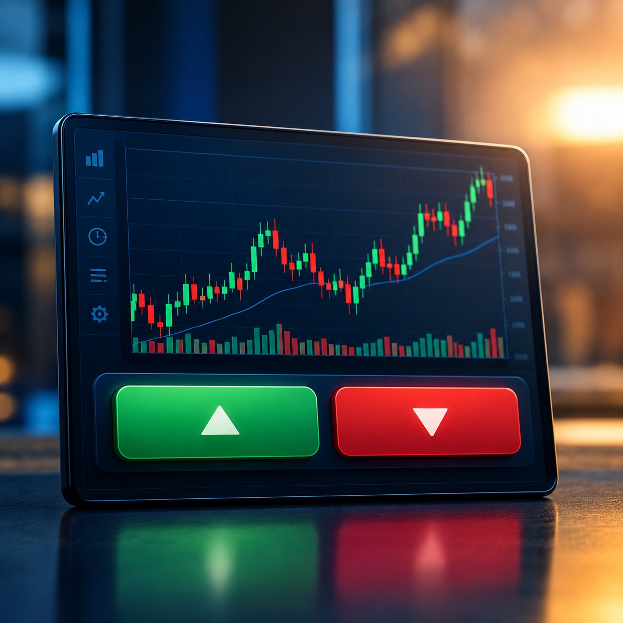 Clean buy and sell panel with green and red buttons and a candlestick chart