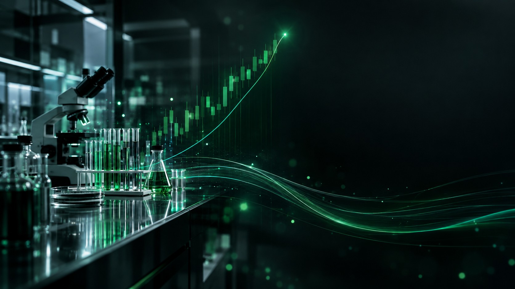 Clean laboratory scene blended with an upward stock chart